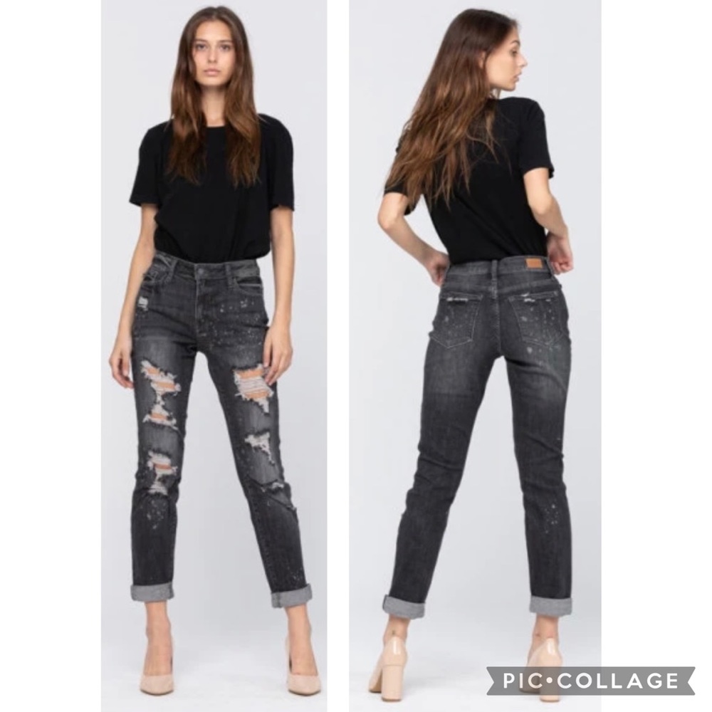 JUDY BLUE Boyfriend Fit 13 / 31 Womens Skinny Black Denim Distressed Jeans